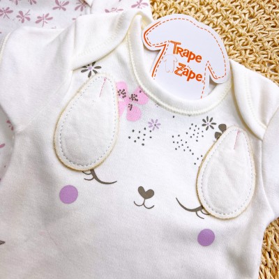 CONJ. DE MALHA 3 PEÇAS - Cachorrinha com Flores - Off White e Lilás